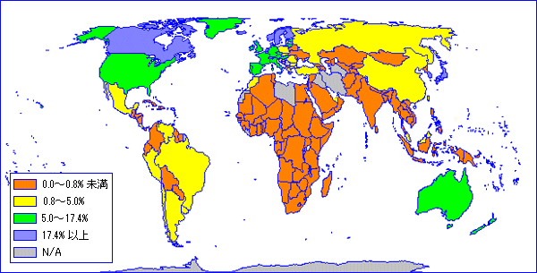 世界における固定ブロードバンド普及率（2005年）